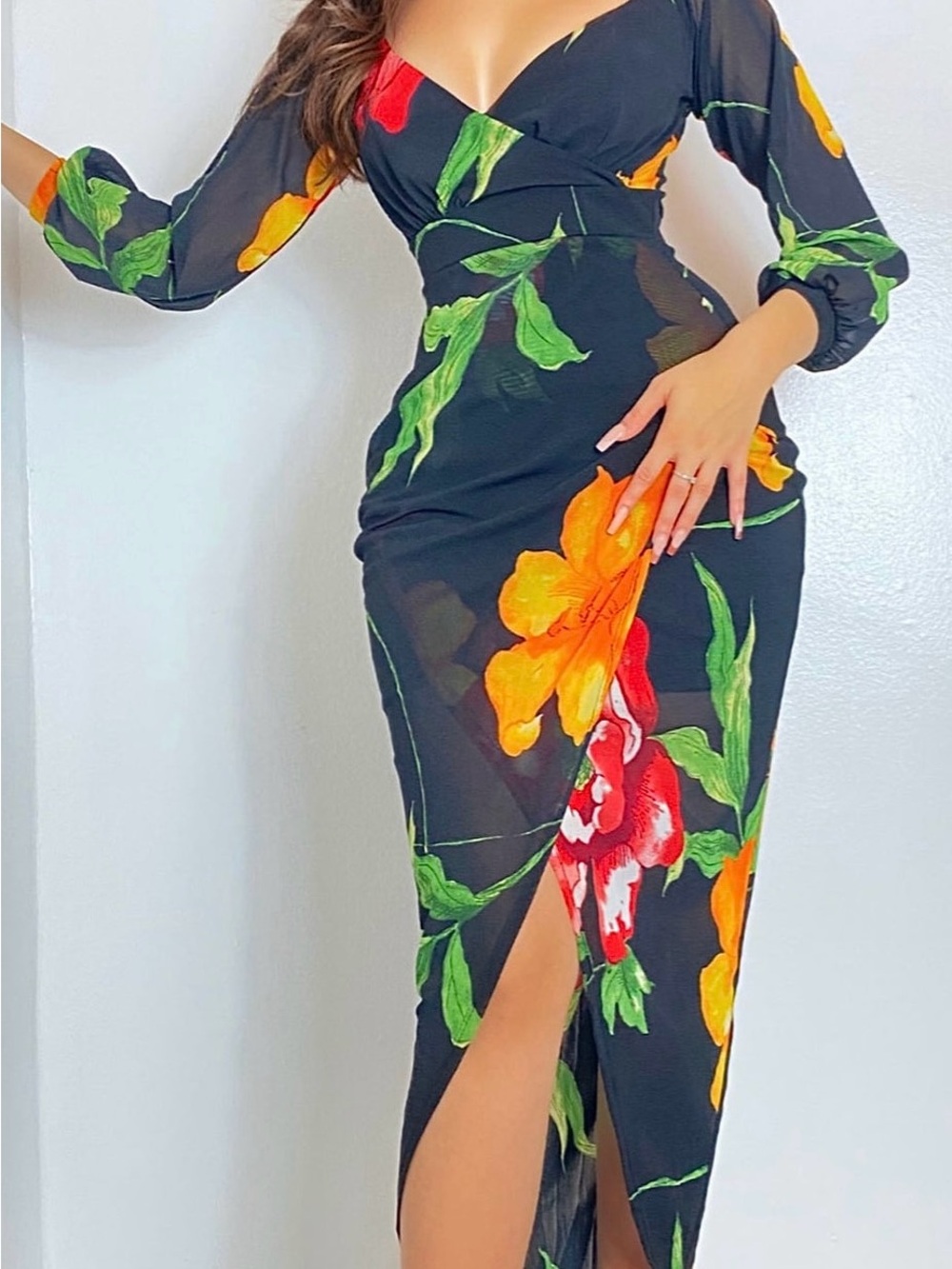 Fashion Nova Black Maxi Dress with Orange, Red & Green Floral Print